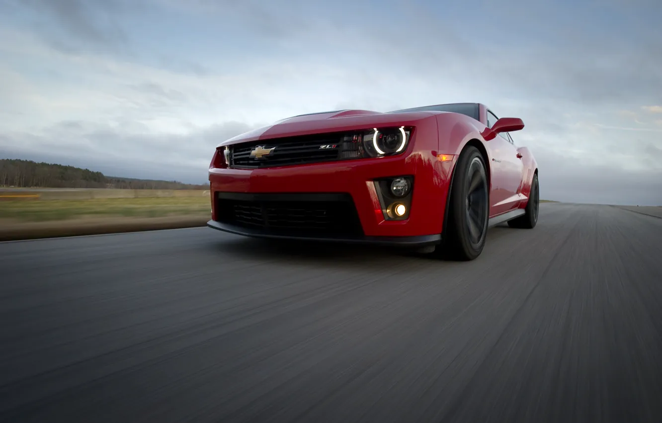 Photo wallpaper road, the sky, clouds, red, speed, red, Chevrolet, camaro