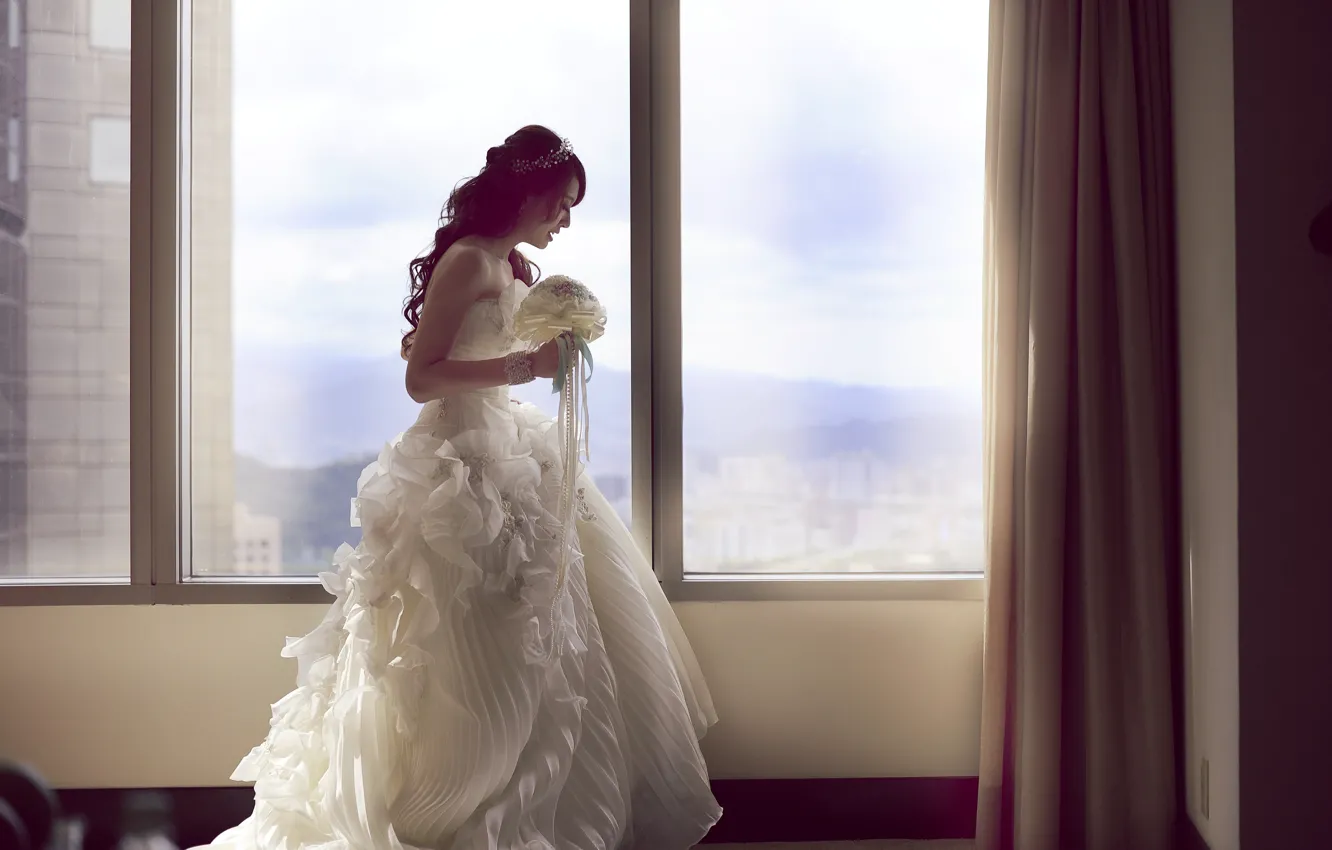Photo wallpaper girl, room, bouquet, dress, Asian
