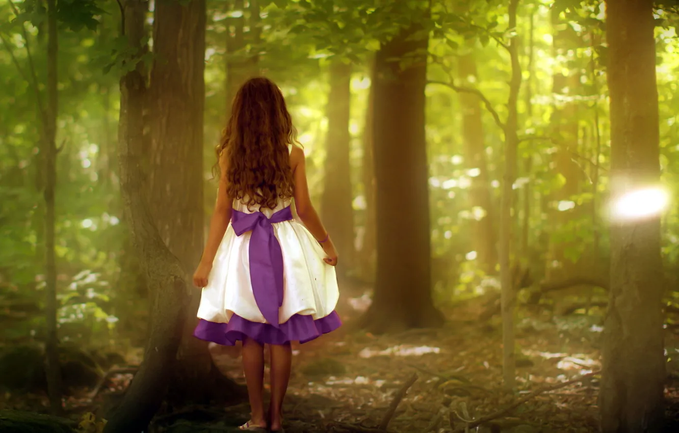 Photo wallpaper forest, girl, nature, dress, tape, bow