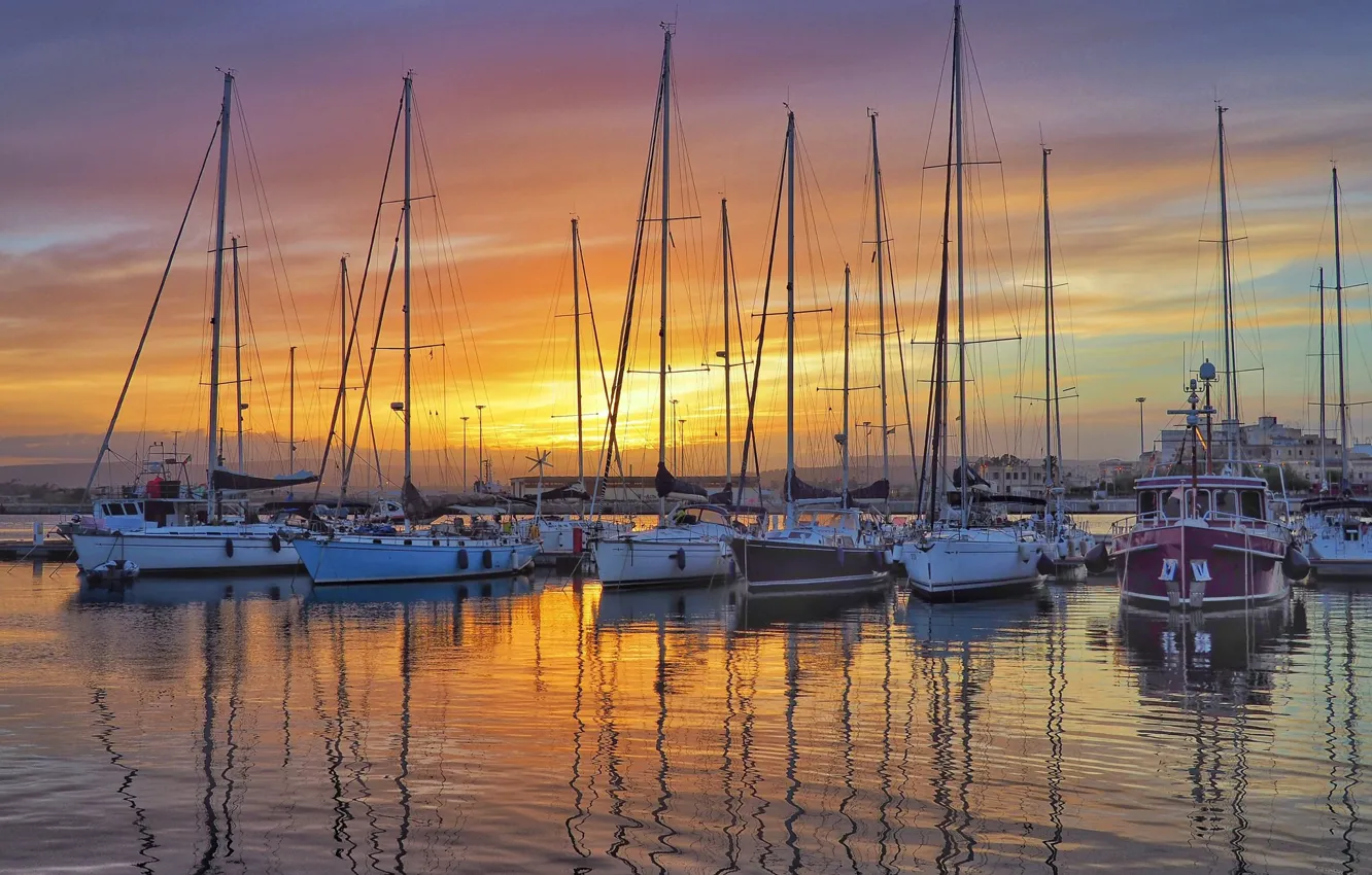 Photo wallpaper sunset, yachts, mast