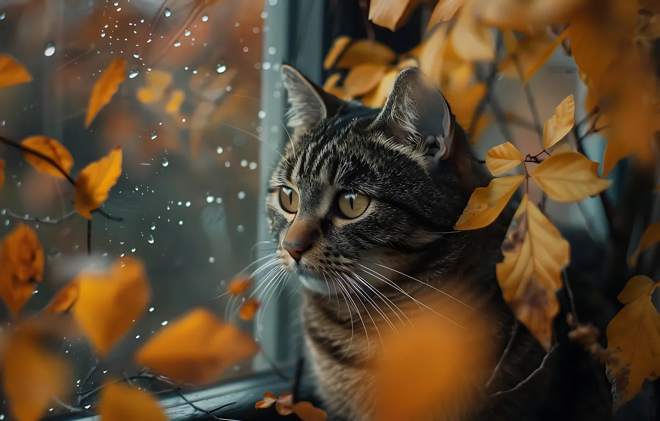 Photo wallpaper autumn, cat, cat, look, drops, branches, pose, grey