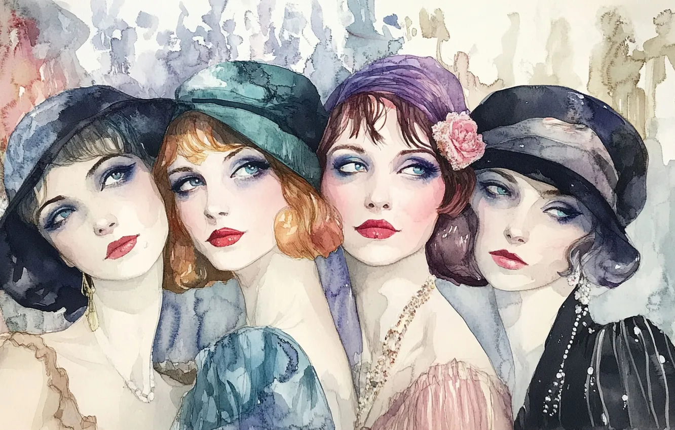 Photo wallpaper look, retro, portrait, makeup, brunette, watercolor, outfit, brown hair