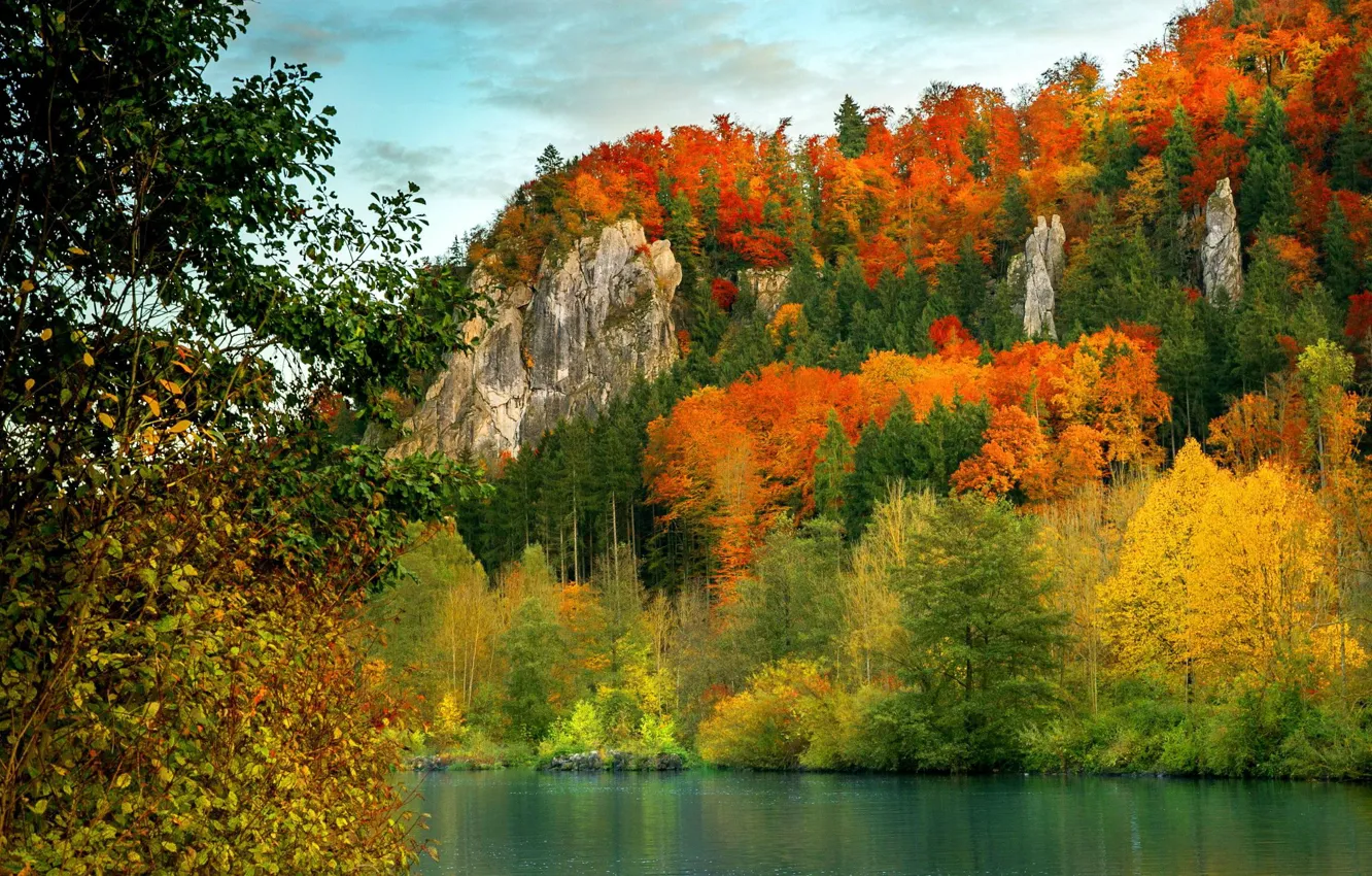 Photo wallpaper river, rocks, the colors of autumn