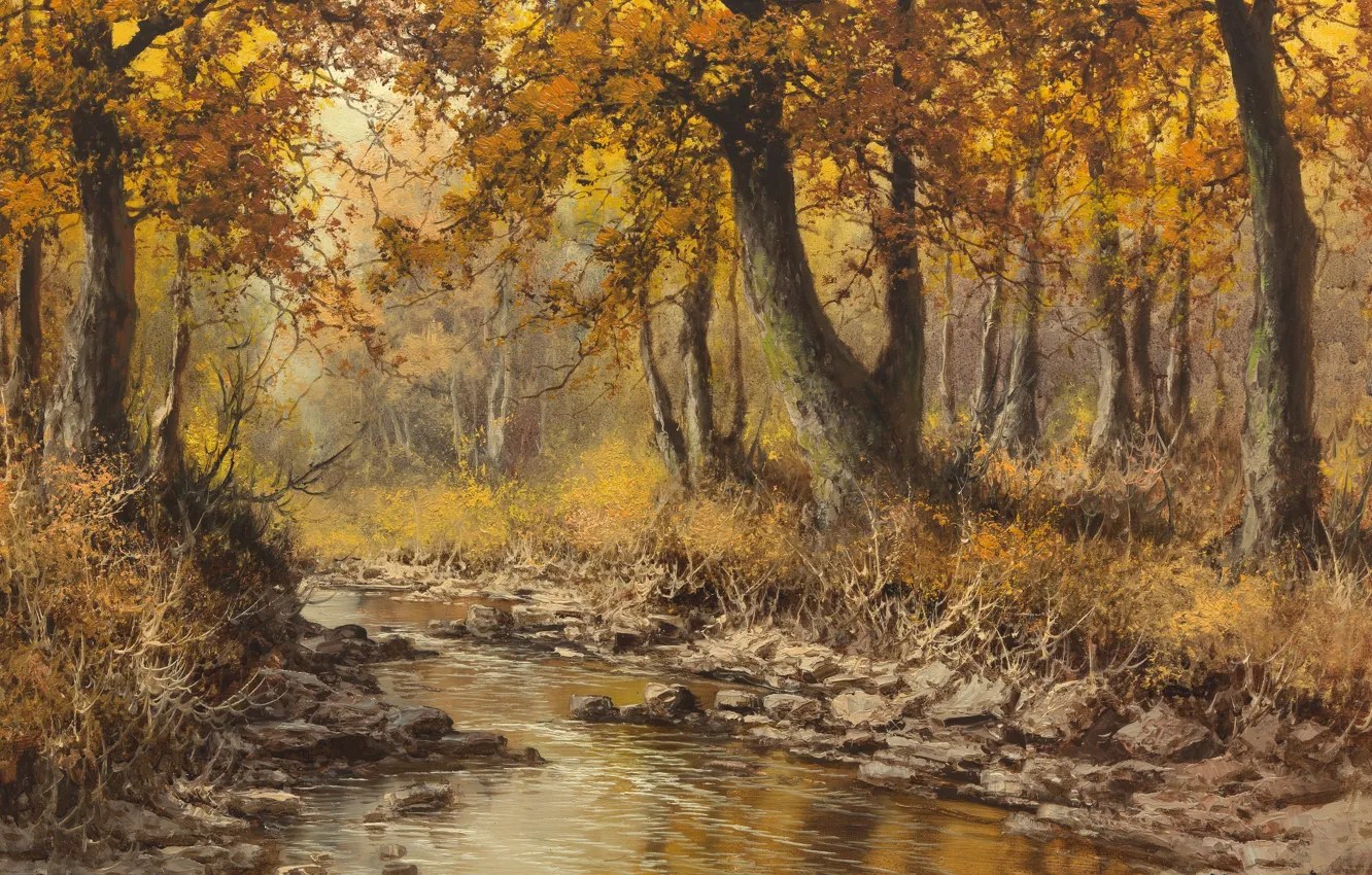 Photo wallpaper Laszlo Neogrady, vengerskii painter, Autumn landscape with river, Hungarian painter, Laszlo Nogradi, Autumn landscape with …