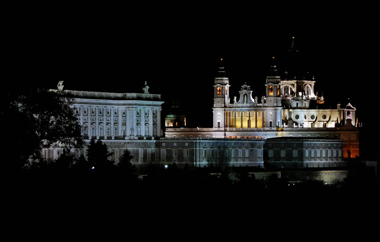 Photo wallpaper night, lights, Cathedral, Spain, Madrid, Royal Palace, Almudena