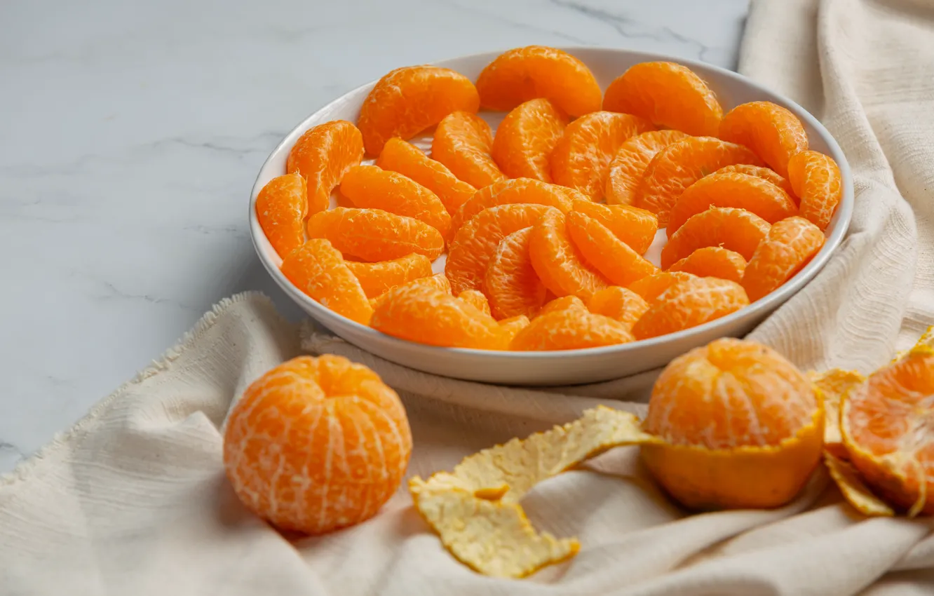 Photo wallpaper towel, plate, citrus, fruit, slices, peel, tangerines, posted