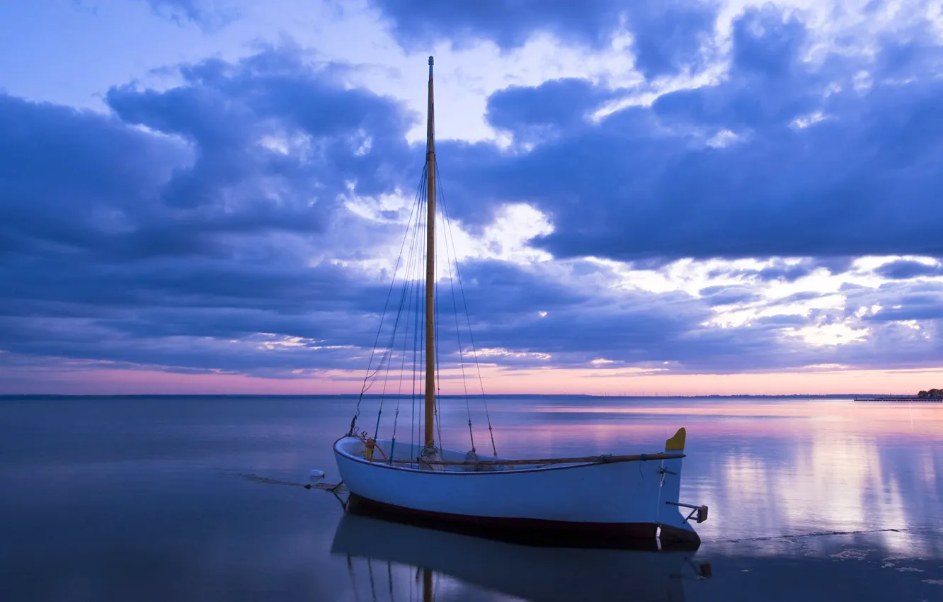 Photo wallpaper sea, the sky, clouds, sunset, nature, boat, the evening