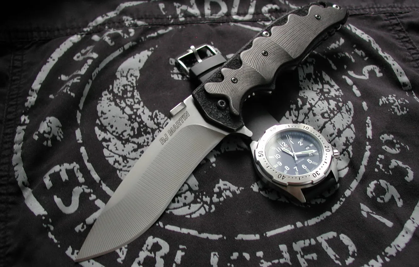 Photo wallpaper watch, knife, fabric, Knives & Wristwatch
