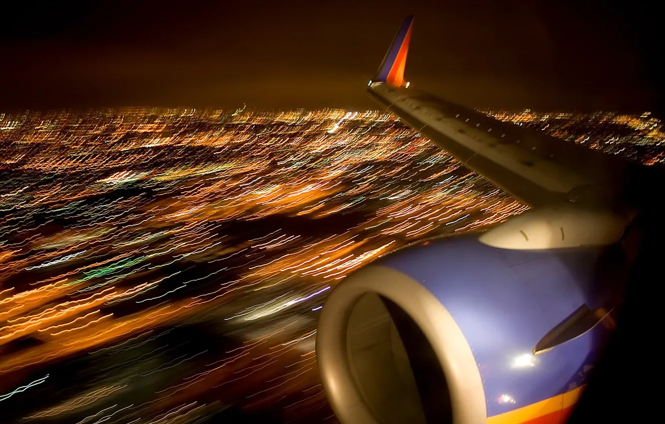 Photo wallpaper night, lights, the plane, wing