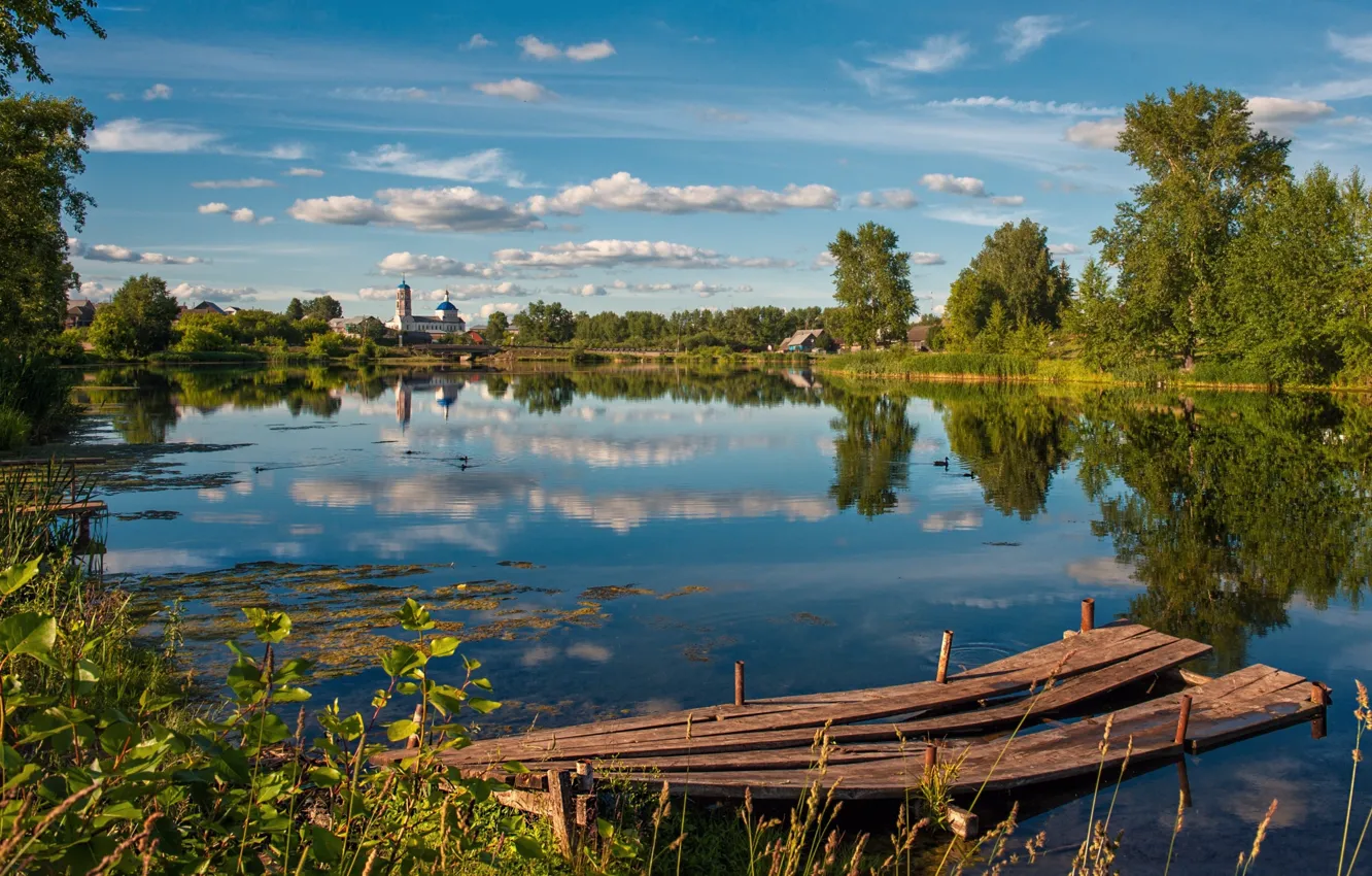 Photo wallpaper landscape, lake, Church, the bridge