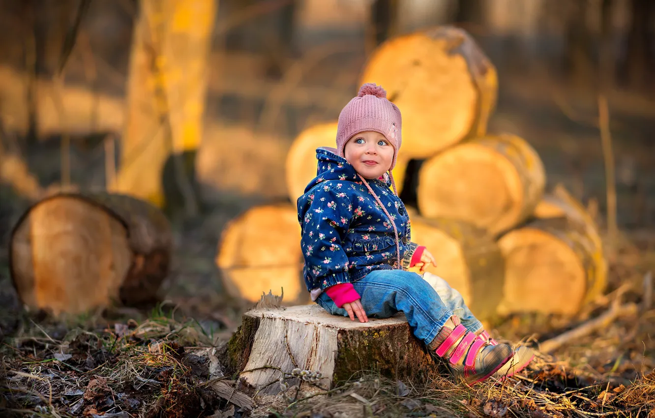 Photo wallpaper nature, stump, baby, child, logs, stump