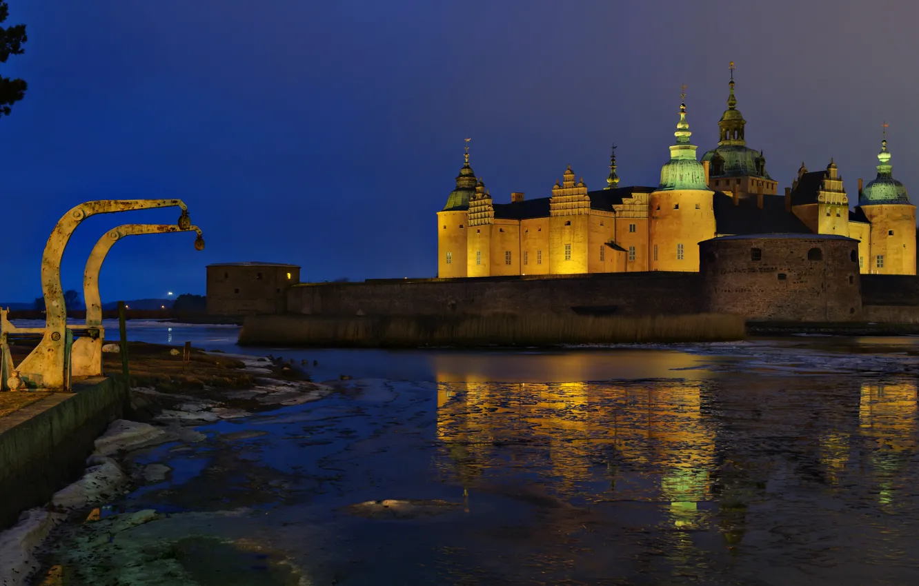 Photo wallpaper night, the city, river, photo, castle, Sweden, Kalmar