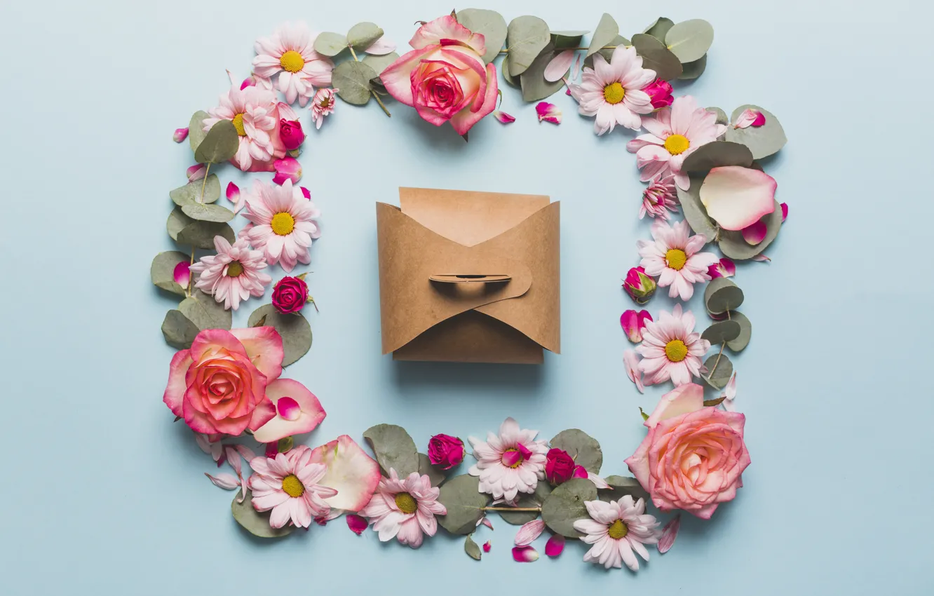 Photo wallpaper flowers, gift, roses, petals, chrysanthemum