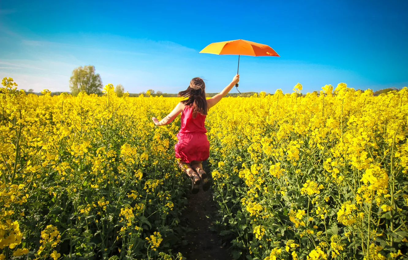 Photo wallpaper girl, umbrella, field of gold