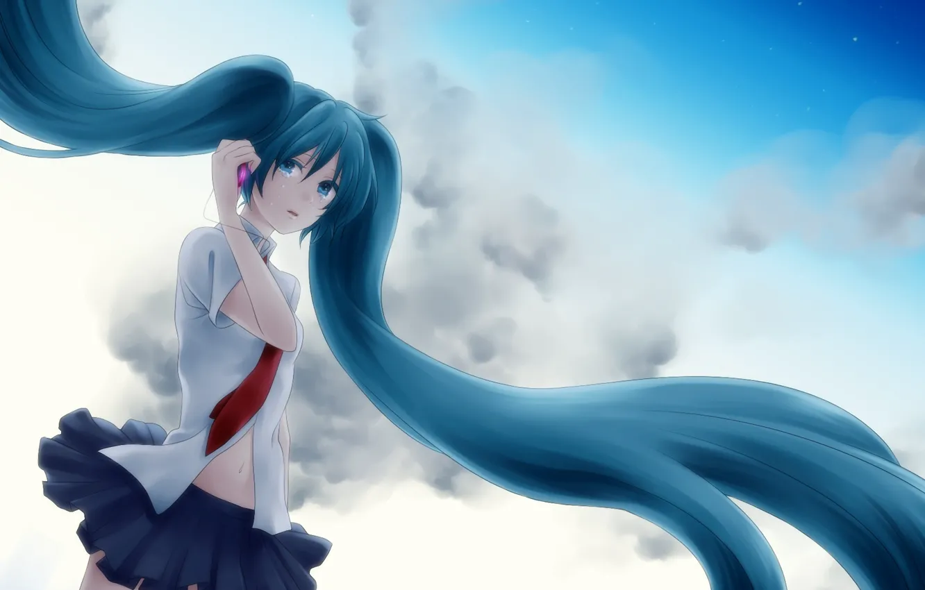 Photo wallpaper the sky, clouds, tears, phone, vocaloid, hatsune miku, Vocaloid, cell phone