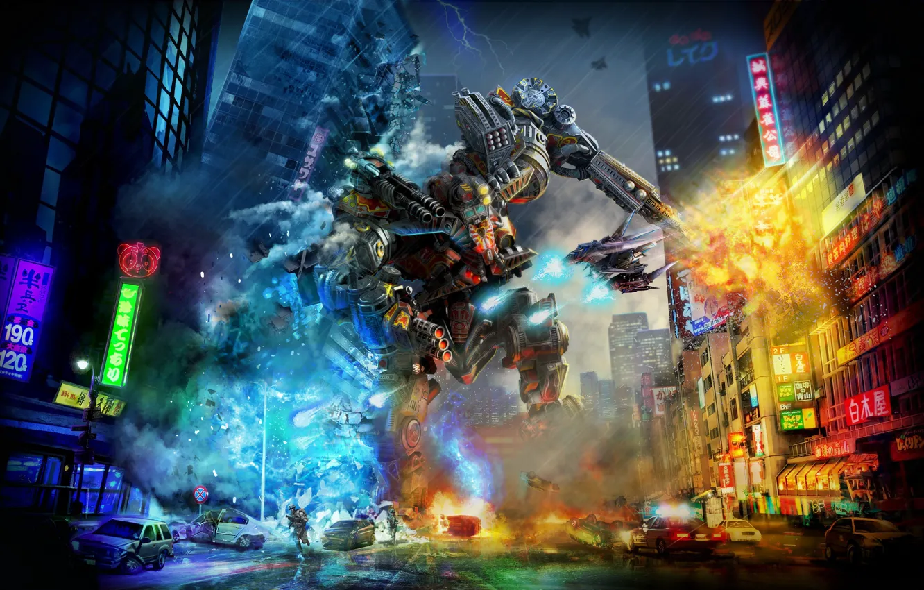 Photo wallpaper city, fire, battlefield, flame, gun, game, robot, soldier