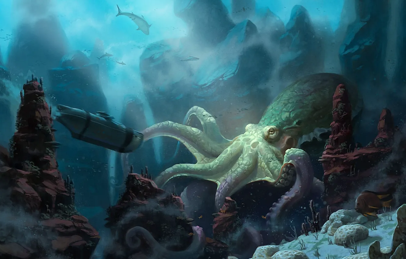 Photo wallpaper ship, shark, corals, art, octopus, submarine, underwater world, under water