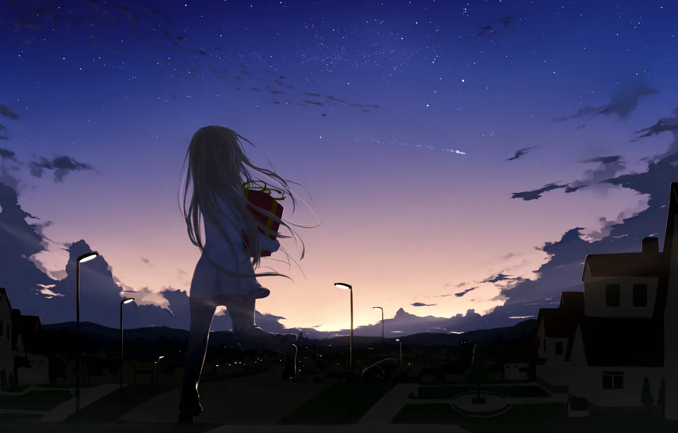 Photo wallpaper road, the sky, girl, stars, clouds, sunset, the city, gift