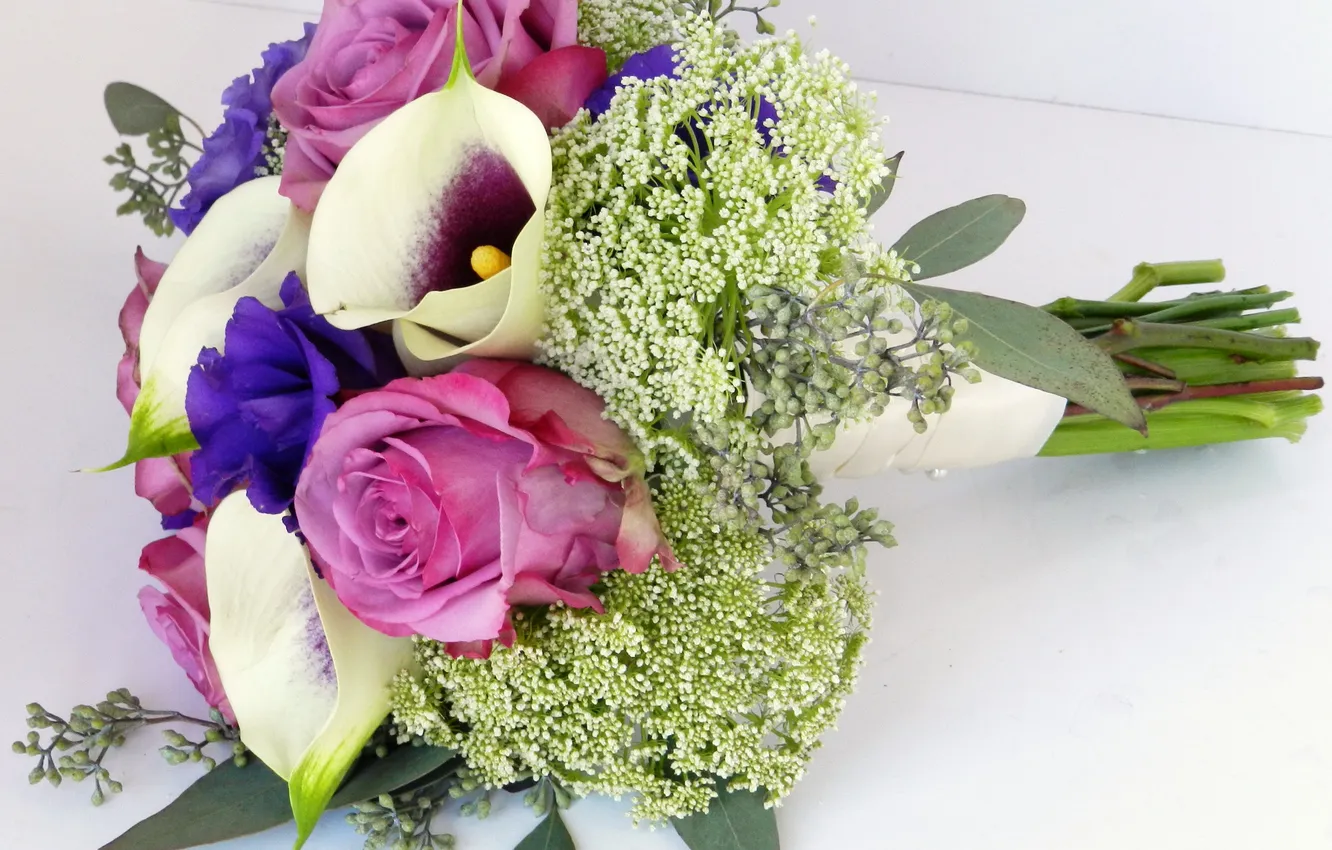 Photo wallpaper flowers, photo, roses, bouquet, eustoma, Calla lilies