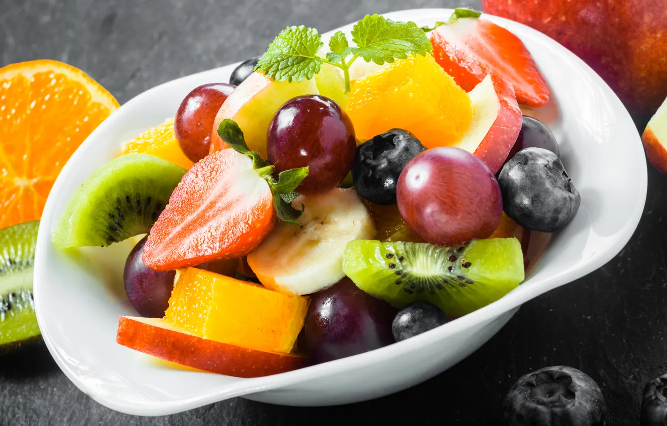 Photo wallpaper kiwi, strawberry, grapes, banana, dessert, fruit salad