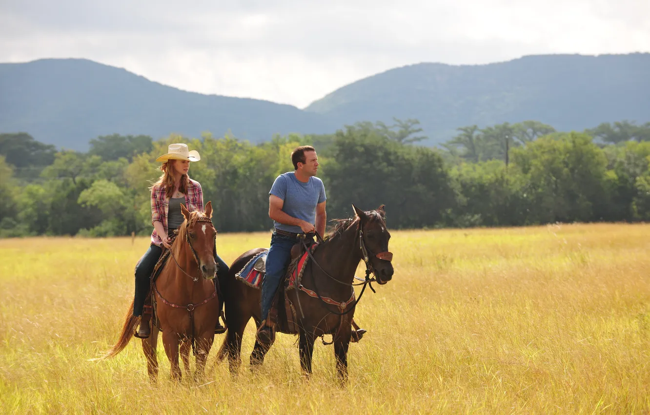 Photo wallpaper field, mountains, the film, Wallpaper, woman, horse, hat, pair