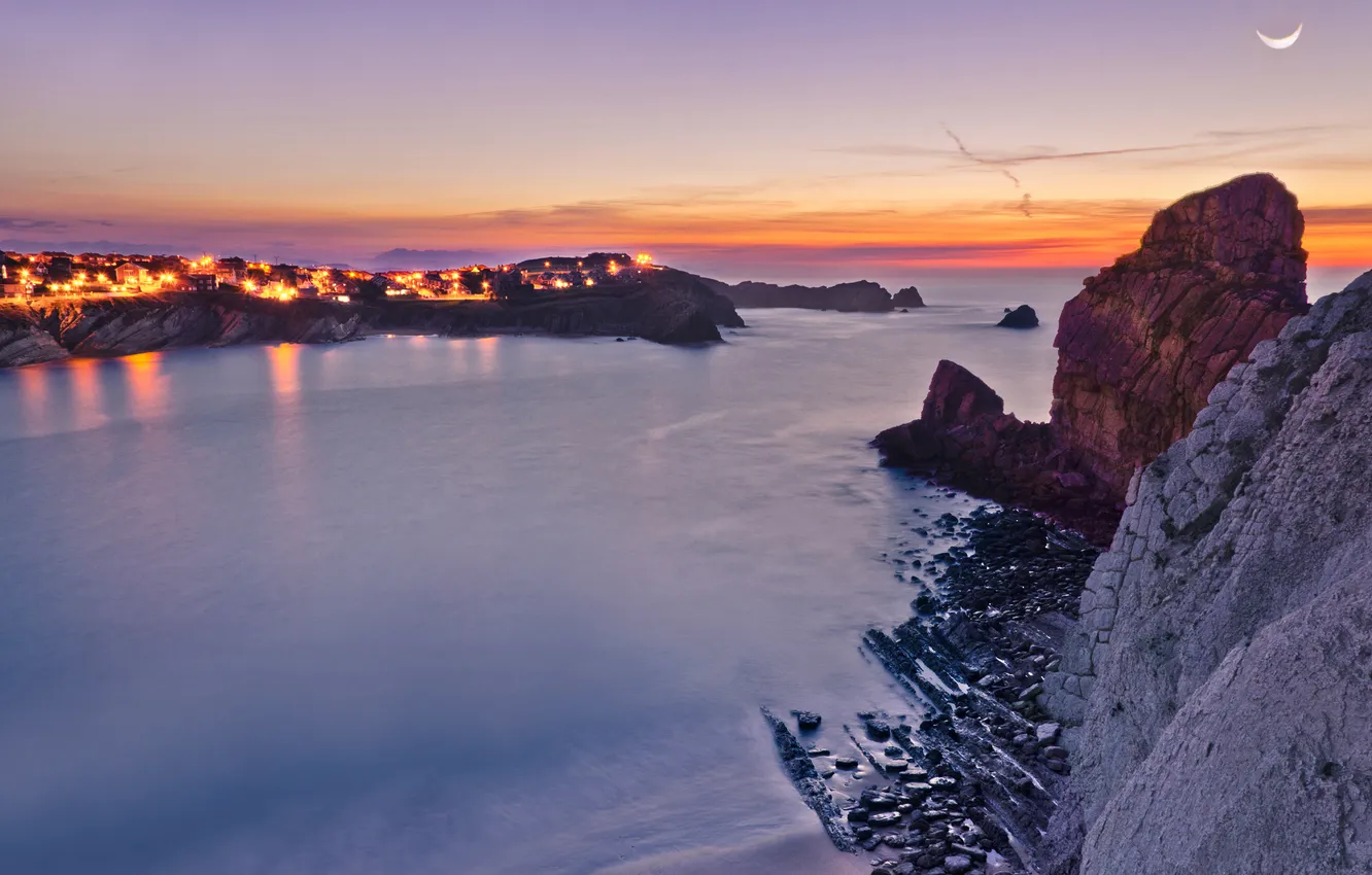 Photo wallpaper sea, lights, rocks, the moon, the evening