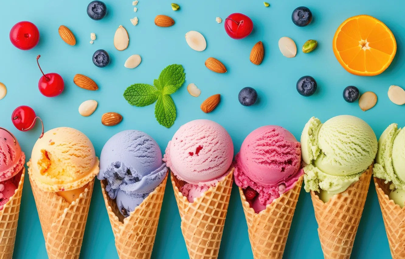 Photo wallpaper berries, colorful, ice cream, fruit, horn, fruits, berries, ice cream