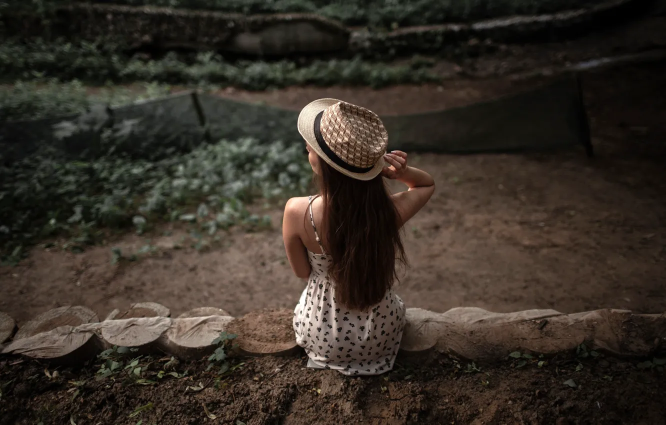 Photo wallpaper girl, pose, model, hat, figure, dress, brown hair, sitting