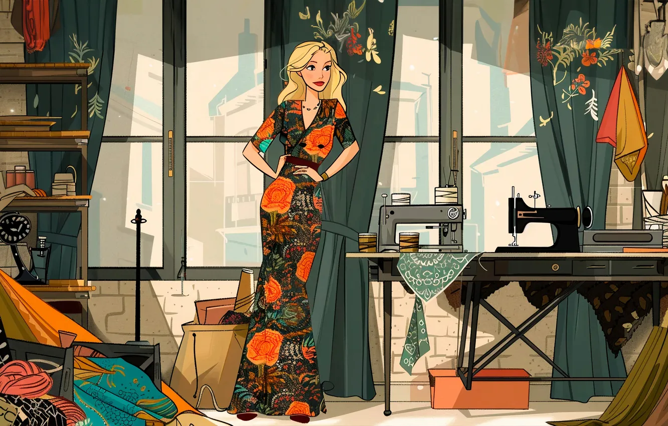 Photo wallpaper Girl, Table, Windows, Curtains, Sewing machine, Digital art, Designer, Seamstress