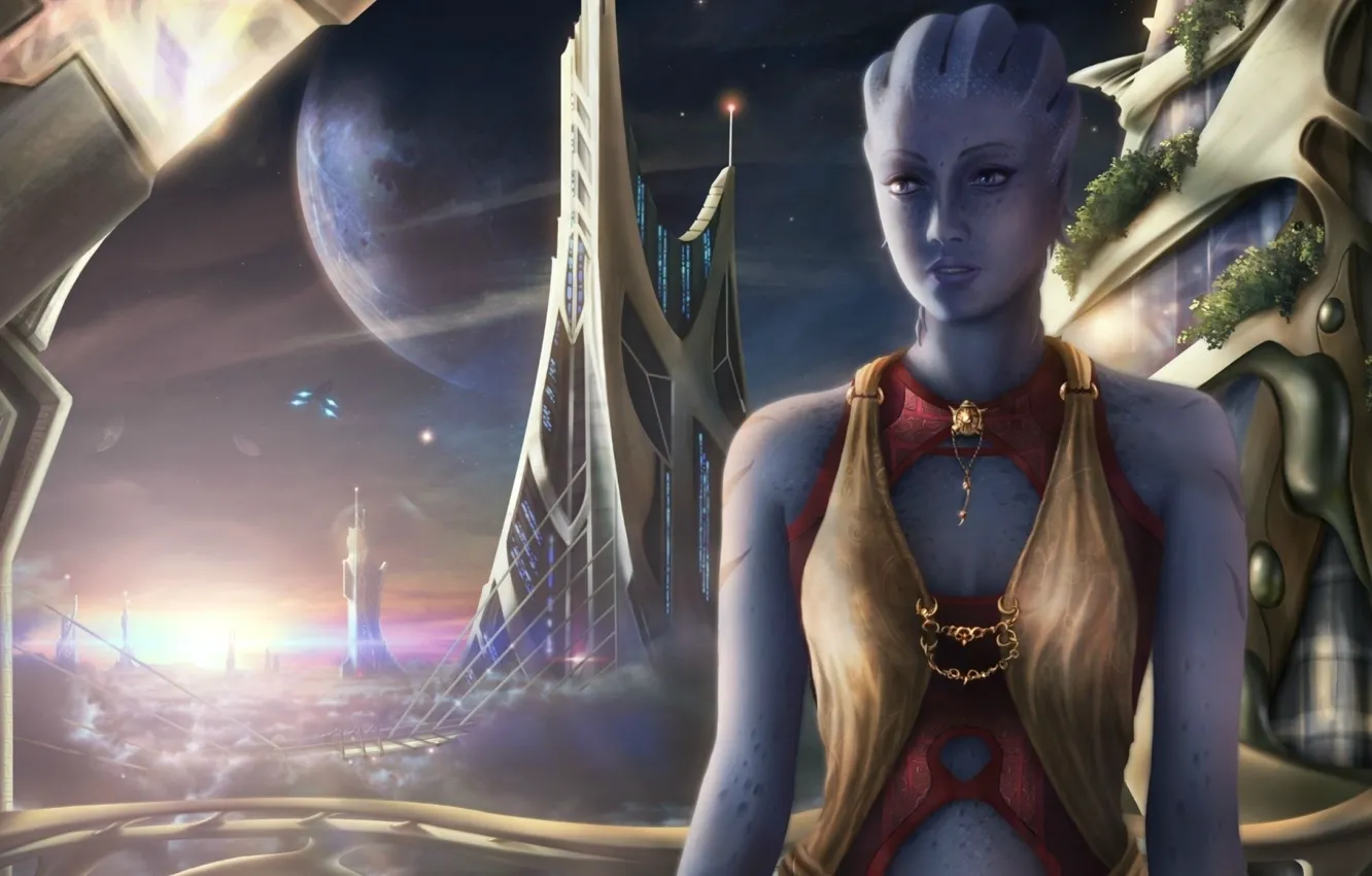 Photo wallpaper clouds, the city, view, ship, planet, mass effect, fan art, Azari