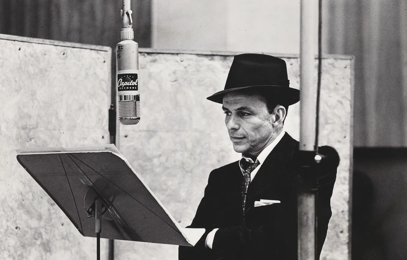Photo wallpaper retro, hat, costume, tie, actor, black and white, male, microphone