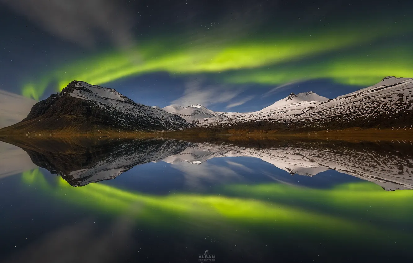 Photo wallpaper the sky, water, reflection, mountains, night, mountain, Northern lights, Norway