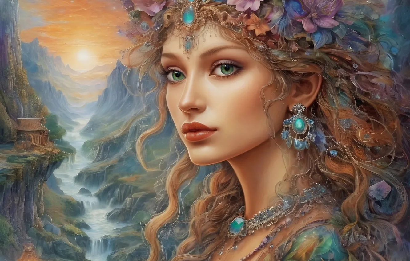Photo wallpaper girl, flowers, mountains, fairy, fantasy, imitation painting, AI art, fantasy girl