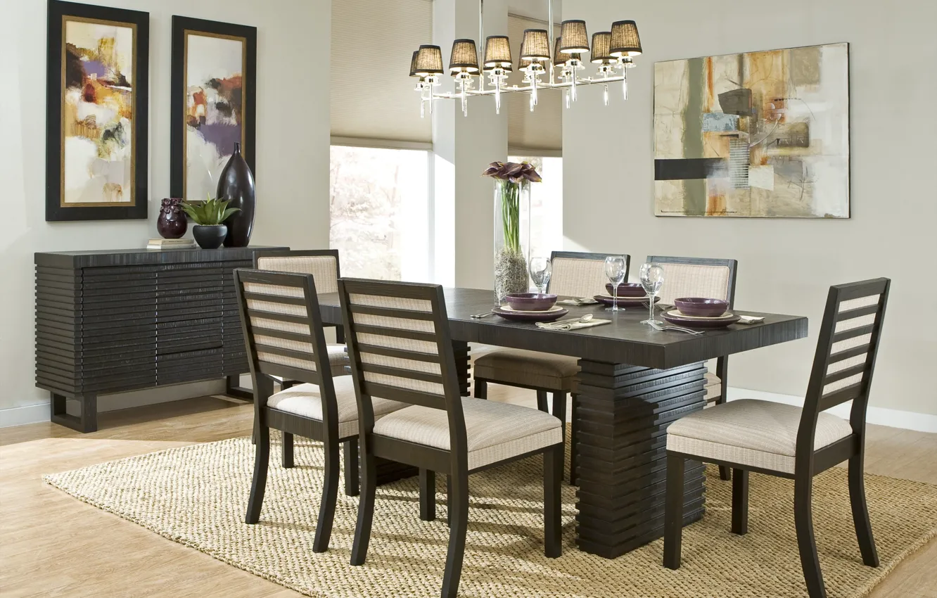 Photo wallpaper table, interior, picture, chair, chandelier, vase, dining room, serving