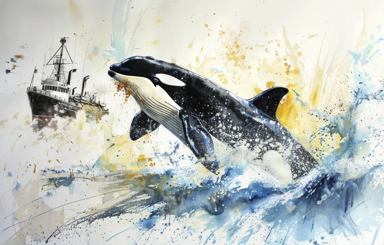 Photo wallpaper sea, ship, whale, digital art, imitation painting, AI art, The Art of Artificial Intelligence, neural …