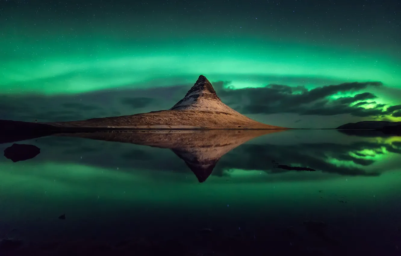 Photo wallpaper stars, reflection, mountain, Iceland, mountain, stars, reflection, Iceland