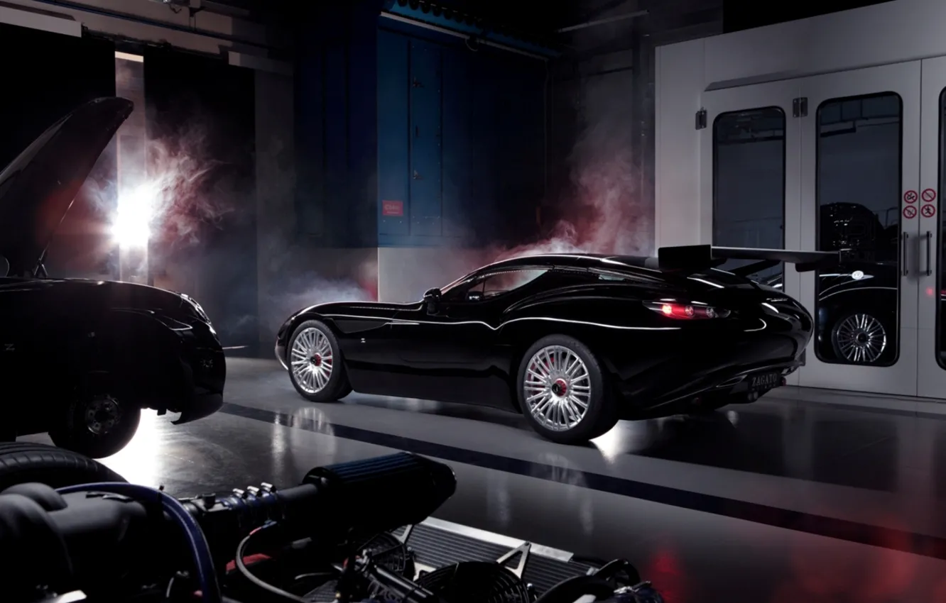 Photo wallpaper machine, black, Maserati, smoke, wheel, spoiler, GranTurismo, Maserati