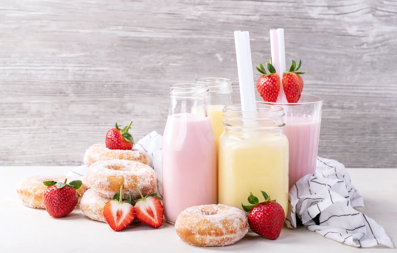 Photo wallpaper berries, strawberry, cocktail, donuts, powdered sugar, milk, Roman Dbree