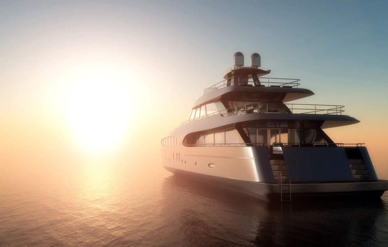 Photo wallpaper sea, fog, dawn, morning, yacht, 3D