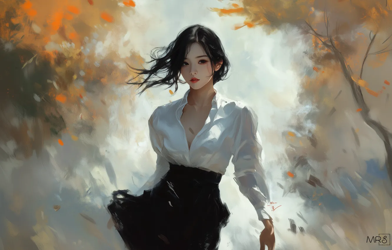 Photo wallpaper short hair, women, painting, asian, white clothing, black skirts, AI Art, soft colors