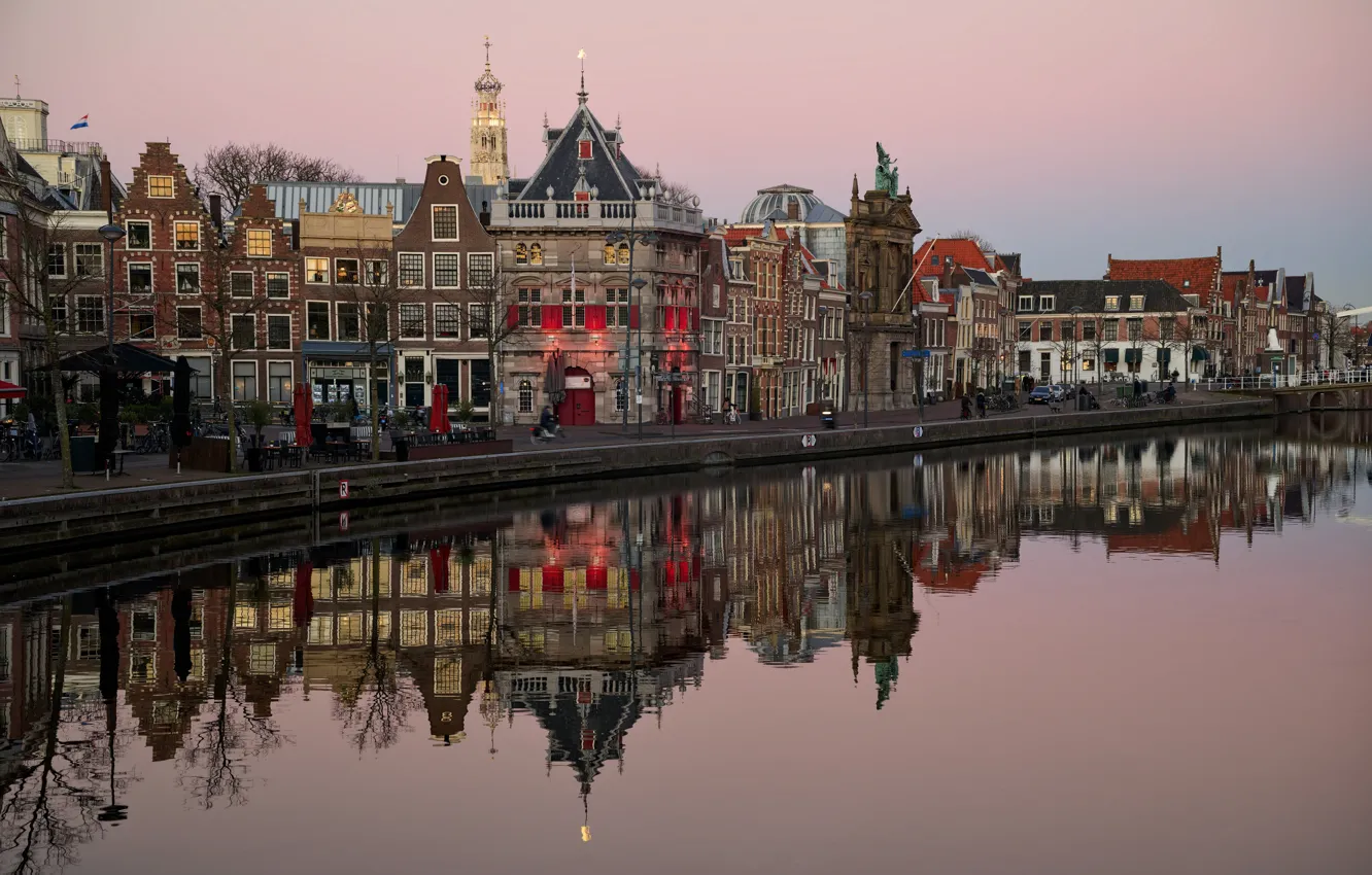 Photo wallpaper the city, reflection, home, Netherlands, promenade, Haarlem