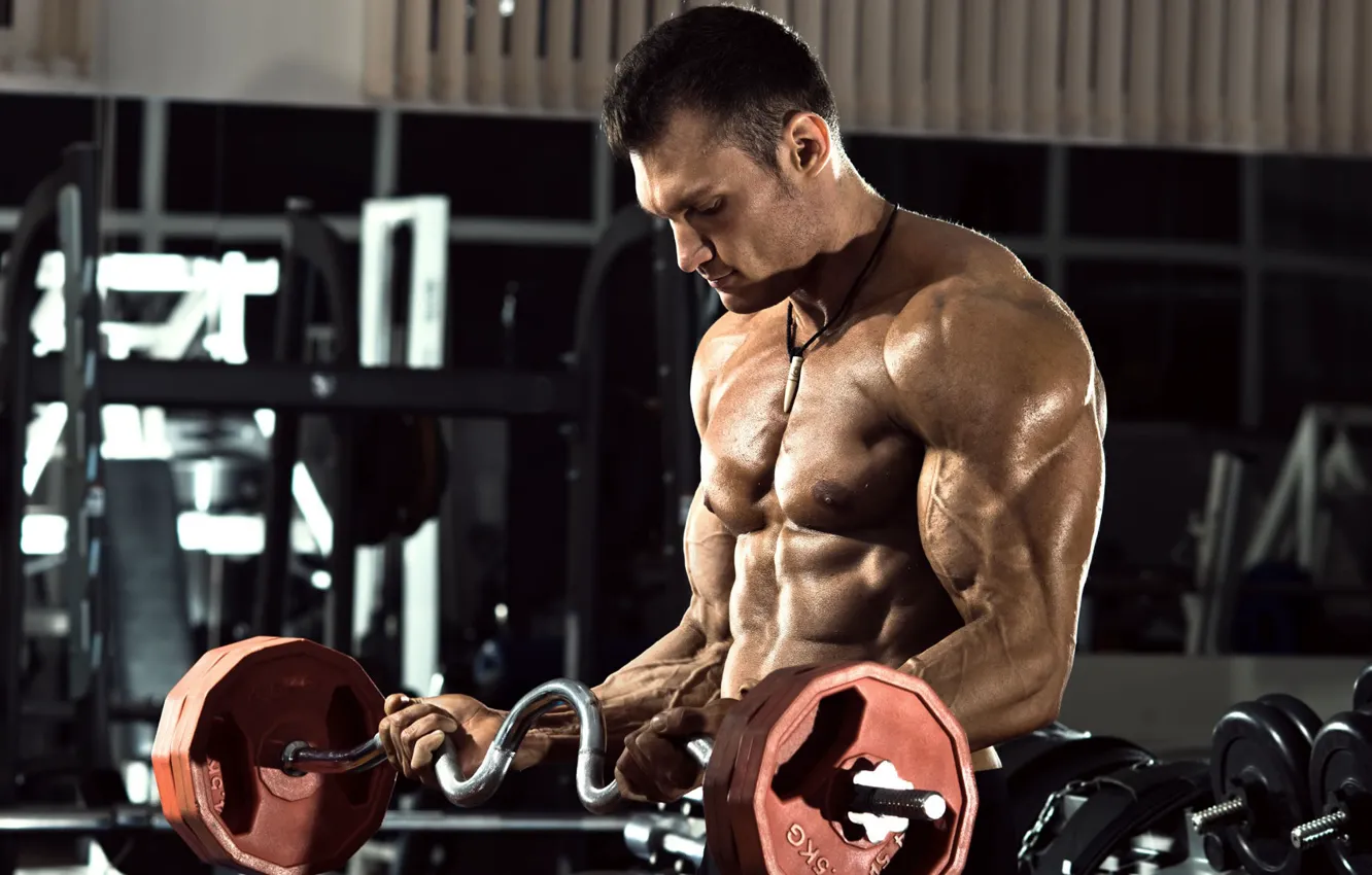 Photo wallpaper pose, Muscle, muscle, rod, press, athlete, gym, bodybuilder