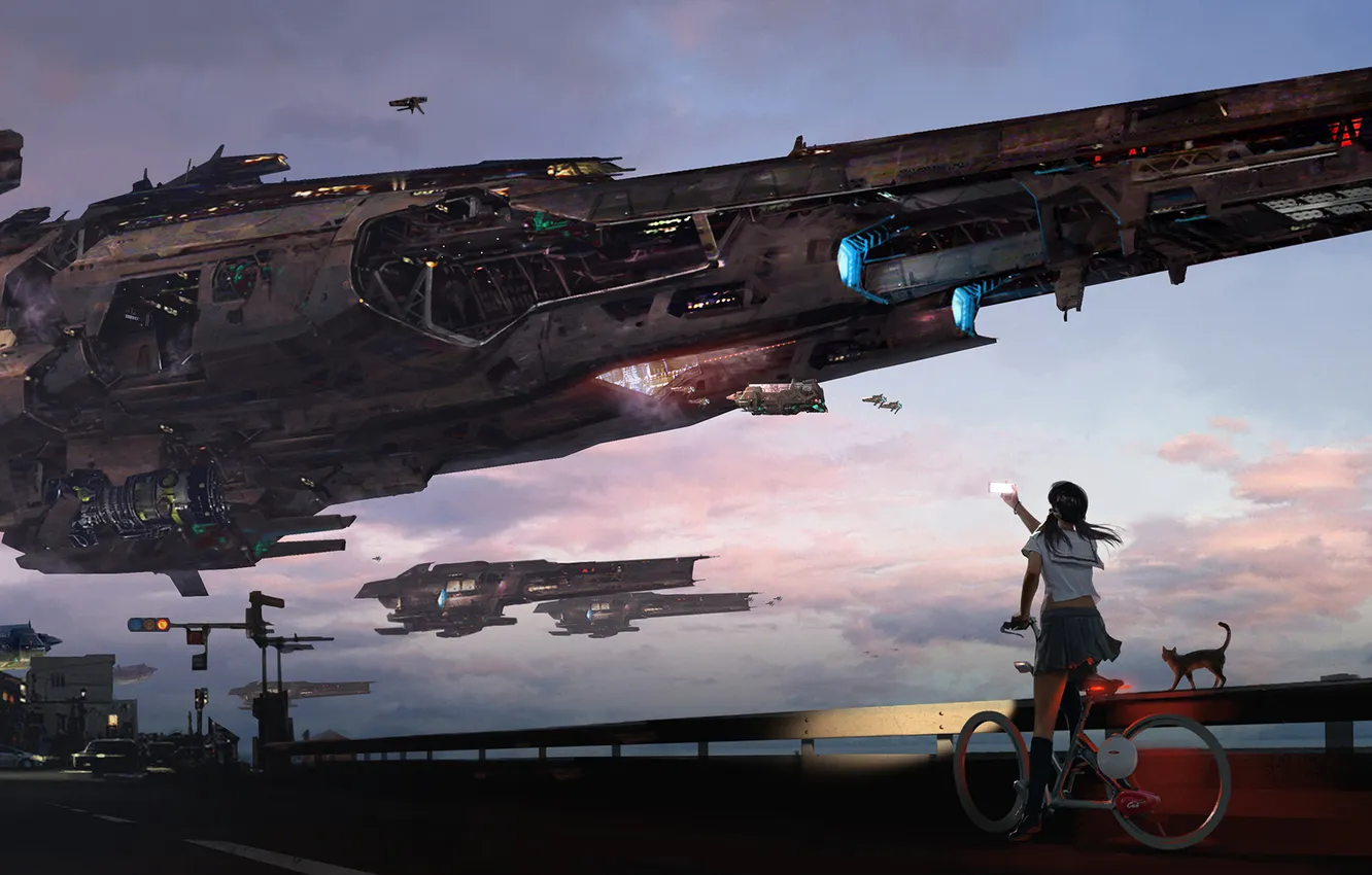Photo wallpaper girl, fantasy, sunset, science fiction, cat, street, sci-fi, digital art
