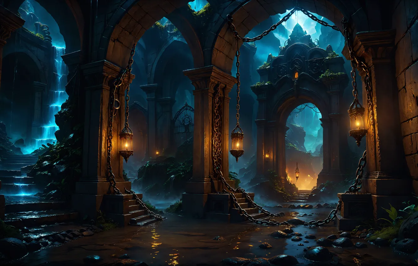 Photo wallpaper water, night, rain, lights, the ruins, arch, architecture, digital art