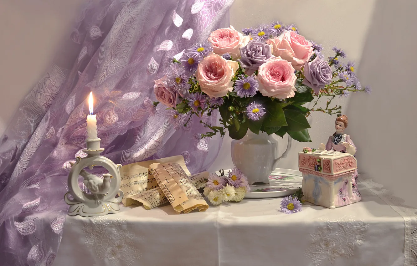 Photo wallpaper flowers, notes, roses, candle, pitcher, chrysanthemum, curtain, napkin