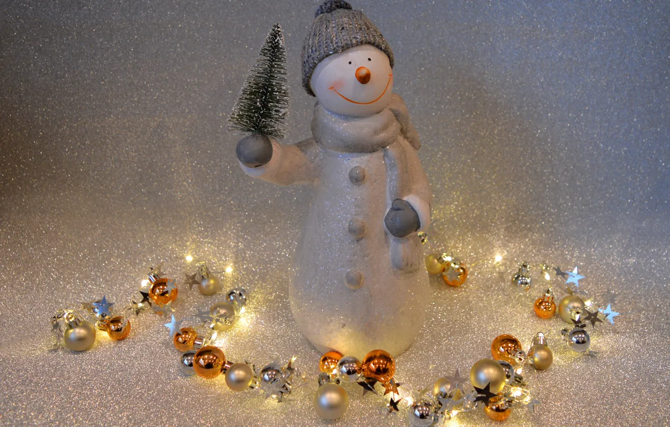 Photo wallpaper winter, holiday, toy, lights, Christmas, New year, snowman, garland