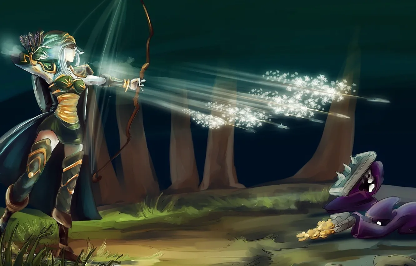 Photo wallpaper cold, forest, girl, snowflakes, gold, bow, art, attack