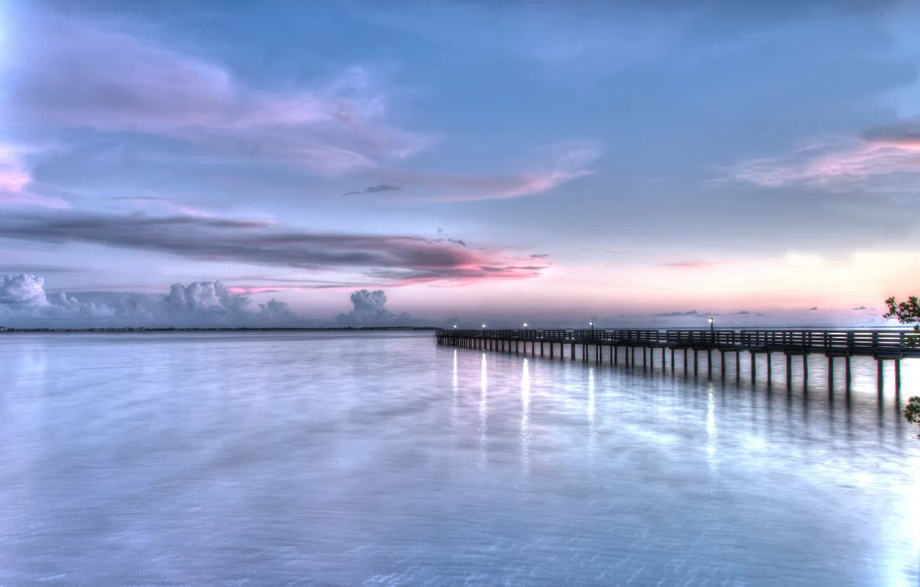 Photo wallpaper the sky, landscape, clouds, bridge, river, twilight