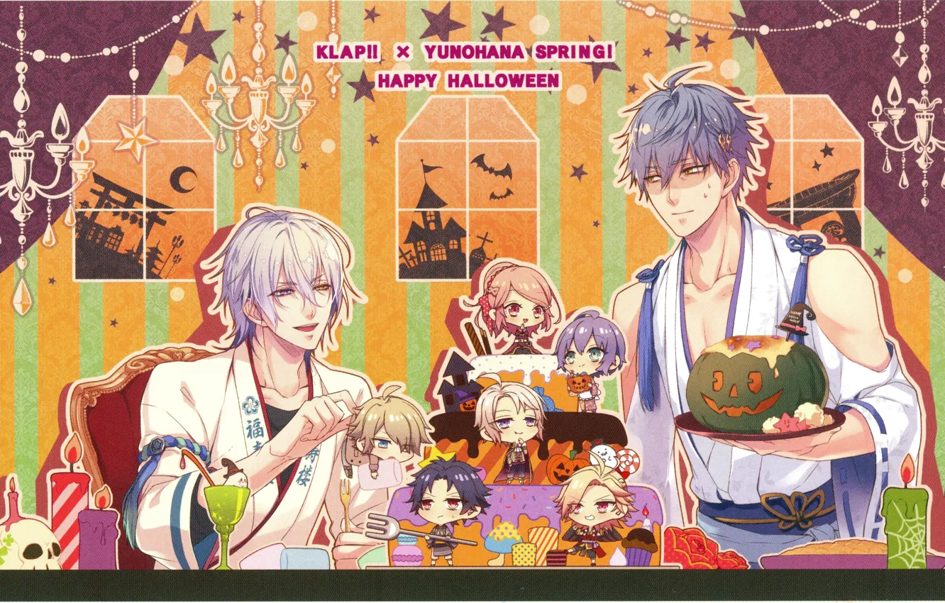 Photo wallpaper cake, halloween, Japanese clothing, chandeliers, serving, two guys, chibiki, pumpkin with eyes