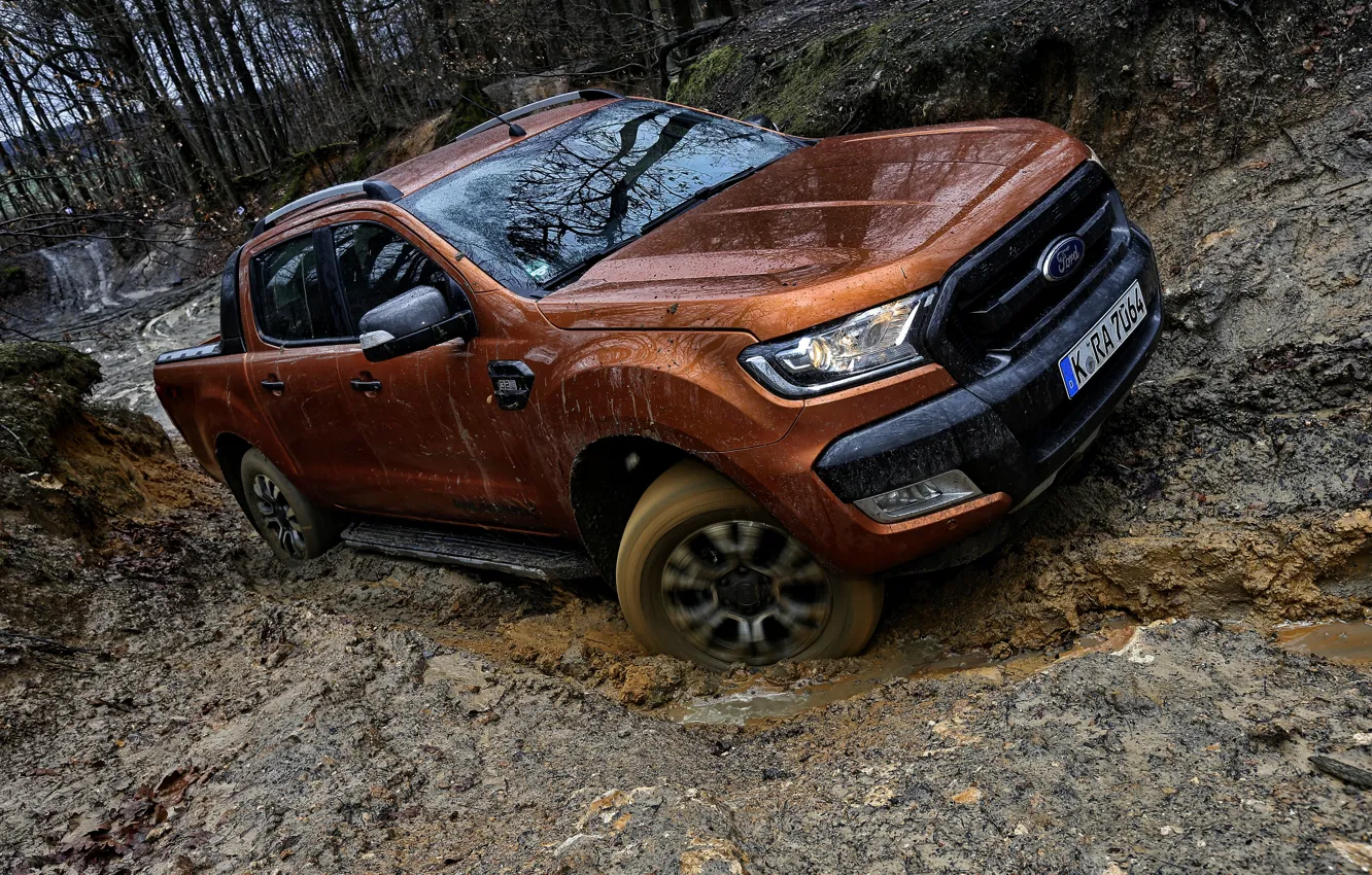 Photo wallpaper forest, water, trees, Ford, dirt, track, pickup, Ranger